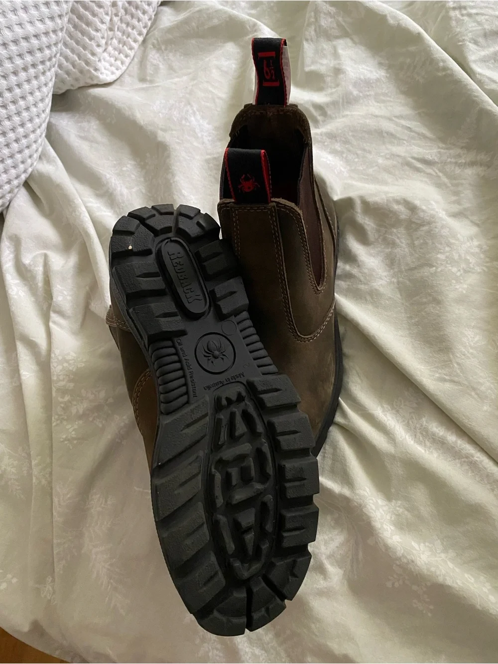 Men's Brown Slip-On Chelsea Work Boots with Red Pull Tabs